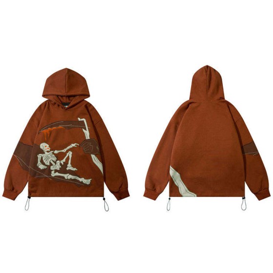 Popular Hip Hop Men's Loose Pullover Elastic Bands God of Death Pattern Cotton Hoodies Wholesale Spring Autumn Casual Hoodies
